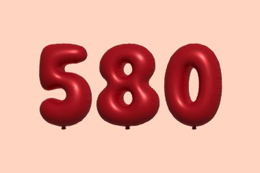 3D gerçekçi metalik hava balonundan yapılmış 580 numara balon. Satılık parti dekorasyonu için 3 boyutlu kırmızı helyum balonları, kutlama yıldönümü, düğün tatili. Vektör illüstrasyonu