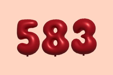 583 3d numaralı balon gerçekçi metalik hava balonu 3D görüntüleme. Satılık parti dekorasyonu için 3 boyutlu kırmızı helyum balonları, kutlama yıldönümü, düğün tatili. Vektör illüstrasyonu