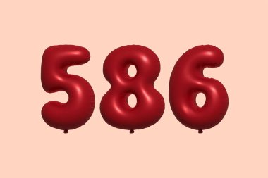 586 3d numaralı balon gerçekçi metalik hava balonu 3D görüntüleme. Satılık parti dekorasyonu için 3 boyutlu kırmızı helyum balonları, kutlama yıldönümü, düğün tatili. Vektör illüstrasyonu