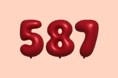 587 3d numaralı balon gerçekçi metalik hava balonu 3D görüntüleme. Satılık parti dekorasyonu için 3 boyutlu kırmızı helyum balonları, kutlama yıldönümü, düğün tatili. Vektör illüstrasyonu