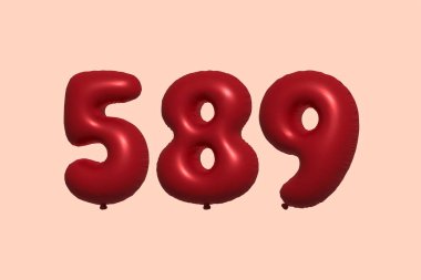 589 3D numaralı balon gerçekçi metalik hava balonu 3D görüntüleme. Satılık parti dekorasyonu için 3 boyutlu kırmızı helyum balonları, kutlama yıldönümü, düğün tatili. Vektör illüstrasyonu
