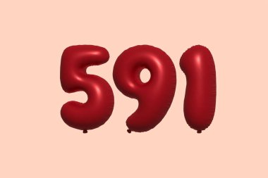 591 3d numaralı balon gerçekçi metalik hava balonu 3D görüntüleme. Satılık parti dekorasyonu için 3 boyutlu kırmızı helyum balonları, kutlama yıldönümü, düğün tatili. Vektör illüstrasyonu