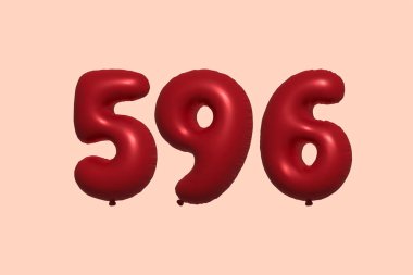 596 3D numaralı balon gerçekçi metalik hava balonu 3D görüntüleme. Satılık parti dekorasyonu için 3 boyutlu kırmızı helyum balonları, kutlama yıldönümü, düğün tatili. Vektör illüstrasyonu