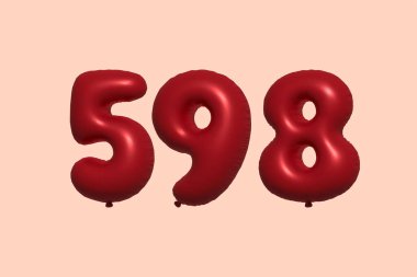 598 3d numaralı balon gerçekçi metalik hava balonu 3D görüntüleme. Satılık parti dekorasyonu için 3 boyutlu kırmızı helyum balonları, kutlama yıldönümü, düğün tatili. Vektör illüstrasyonu