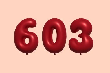 3D gerçekçi metalik hava balonundan yapılmış 603 numara balon. Satılık parti dekorasyonu için 3 boyutlu kırmızı helyum balonları, kutlama yıldönümü, düğün tatili. Vektör illüstrasyonu