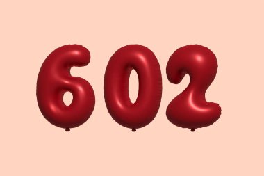 3D gerçekçi metalik hava balonundan yapılmış 602 3D numaralı balon. Satılık parti dekorasyonu için 3 boyutlu kırmızı helyum balonları, kutlama yıldönümü, düğün tatili. Vektör illüstrasyonu