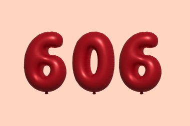 3D gerçekçi metalik hava balonundan yapılmış 606 3D numaralı balon. Satılık parti dekorasyonu için 3 boyutlu kırmızı helyum balonları, kutlama yıldönümü, düğün tatili. Vektör illüstrasyonu