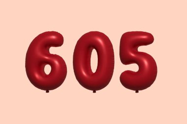 3D gerçekçi metalik hava balonundan yapılmış 605 numara balon. Satılık parti dekorasyonu için 3 boyutlu kırmızı helyum balonları, kutlama yıldönümü, düğün tatili. Vektör illüstrasyonu