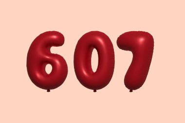 3D gerçekçi metalik hava balonundan yapılmış 607 numara balon. Satılık parti dekorasyonu için 3 boyutlu kırmızı helyum balonları, kutlama yıldönümü, düğün tatili. Vektör illüstrasyonu