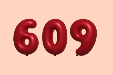 3D gerçekçi metalik hava balonundan yapılmış 609 numara balon. Satılık parti dekorasyonu için 3 boyutlu kırmızı helyum balonları, kutlama yıldönümü, düğün tatili. Vektör illüstrasyonu