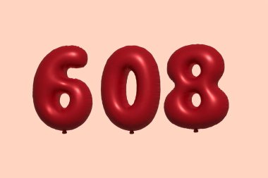 3D gerçekçi metalik hava balonundan yapılmış 608 3D numaralı balon. Satılık parti dekorasyonu için 3 boyutlu kırmızı helyum balonları, kutlama yıldönümü, düğün tatili. Vektör illüstrasyonu