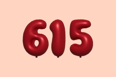 3D gerçekçi metalik hava balonundan yapılmış 615 numara balon. Satılık parti dekorasyonu için 3 boyutlu kırmızı helyum balonları, kutlama yıldönümü, düğün tatili. Vektör illüstrasyonu