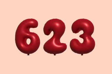3D gerçekçi metalik hava balonundan yapılmış 623 numara balon. Satılık parti dekorasyonu için 3 boyutlu kırmızı helyum balonları, kutlama yıldönümü, düğün tatili. Vektör illüstrasyonu