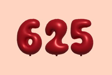 3D gerçekçi metalik hava balonundan yapılmış 625 numara balon. Satılık parti dekorasyonu için 3 boyutlu kırmızı helyum balonları, kutlama yıldönümü, düğün tatili. Vektör illüstrasyonu