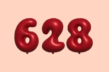 3D gerçekçi metalik hava balonundan yapılmış 628 numara balon. Satılık parti dekorasyonu için 3 boyutlu kırmızı helyum balonları, kutlama yıldönümü, düğün tatili. Vektör illüstrasyonu