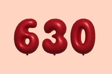 3D gerçekçi metalik hava balonundan yapılmış 630 numara balon. Satılık parti dekorasyonu için 3 boyutlu kırmızı helyum balonları, kutlama yıldönümü, düğün tatili. Vektör illüstrasyonu