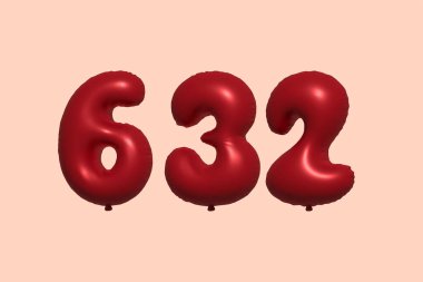 3D gerçekçi metalik hava balonundan yapılmış 632 numara balon. Satılık parti dekorasyonu için 3 boyutlu kırmızı helyum balonları, kutlama yıldönümü, düğün tatili. Vektör illüstrasyonu