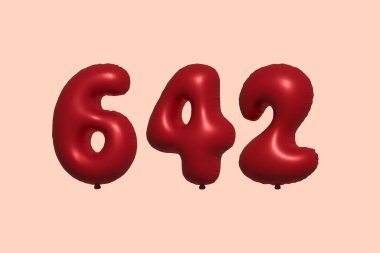 3D gerçekçi metalik hava balonundan yapılmış 642 numara balon. Satılık parti dekorasyonu için 3 boyutlu kırmızı helyum balonları, kutlama yıldönümü, düğün tatili. Vektör illüstrasyonu