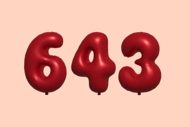 3D gerçekçi metalik hava balonundan yapılmış 643 numara balon. Satılık parti dekorasyonu için 3 boyutlu kırmızı helyum balonları, kutlama yıldönümü, düğün tatili. Vektör illüstrasyonu