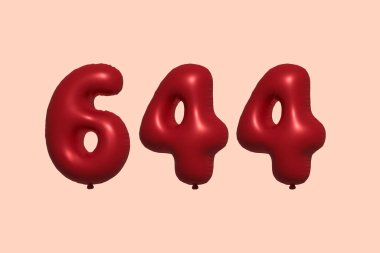 3D gerçekçi metalik hava balonundan yapılmış 644 numara balon. Satılık parti dekorasyonu için 3 boyutlu kırmızı helyum balonları, kutlama yıldönümü, düğün tatili. Vektör illüstrasyonu