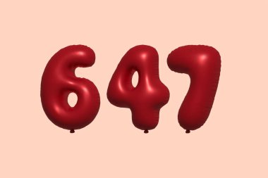 3D gerçekçi metalik hava balonundan yapılmış 647 numara balon. Satılık parti dekorasyonu için 3 boyutlu kırmızı helyum balonları, kutlama yıldönümü, düğün tatili. Vektör illüstrasyonu