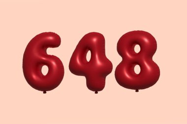 3D gerçekçi metalik hava balonundan yapılmış 648 numara balon. Satılık parti dekorasyonu için 3 boyutlu kırmızı helyum balonları, kutlama yıldönümü, düğün tatili. Vektör illüstrasyonu