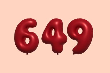 3D gerçekçi metalik hava balonundan yapılmış 649 numara balon. Satılık parti dekorasyonu için 3 boyutlu kırmızı helyum balonları, kutlama yıldönümü, düğün tatili. Vektör illüstrasyonu