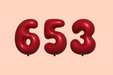 3D gerçekçi metalik hava balonundan yapılmış 653 numara balon. Satılık parti dekorasyonu için 3 boyutlu kırmızı helyum balonları, kutlama yıldönümü, düğün tatili. Vektör illüstrasyonu