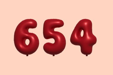 3D gerçekçi metalik hava balonundan yapılmış 654 numara balon. Satılık parti dekorasyonu için 3 boyutlu kırmızı helyum balonları, kutlama yıldönümü, düğün tatili. Vektör illüstrasyonu