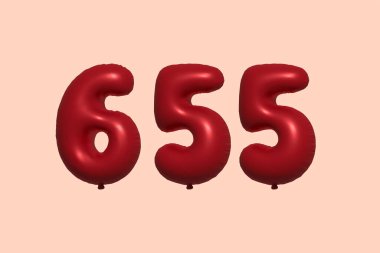 3D gerçekçi metalik hava balonundan yapılmış 655 numara balon. Satılık parti dekorasyonu için 3 boyutlu kırmızı helyum balonları, kutlama yıldönümü, düğün tatili. Vektör illüstrasyonu