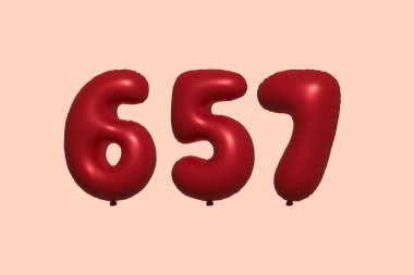 3D gerçekçi metalik hava balonundan yapılmış 657 numara balon. Satılık parti dekorasyonu için 3 boyutlu kırmızı helyum balonları, kutlama yıldönümü, düğün tatili. Vektör illüstrasyonu