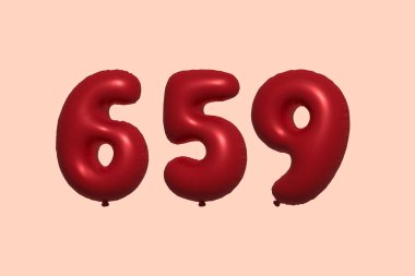 3D gerçekçi metalik hava balonundan yapılmış 659 numara balon. Satılık parti dekorasyonu için 3 boyutlu kırmızı helyum balonları, kutlama yıldönümü, düğün tatili. Vektör illüstrasyonu
