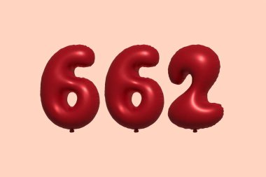 3D gerçekçi metalik hava balonundan yapılmış 662 3D numaralı balon. Satılık parti dekorasyonu için 3 boyutlu kırmızı helyum balonları, kutlama yıldönümü, düğün tatili. Vektör illüstrasyonu