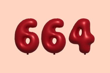 3D gerçekçi metalik hava balonundan yapılmış 664 numara balon. Satılık parti dekorasyonu için 3 boyutlu kırmızı helyum balonları, kutlama yıldönümü, düğün tatili. Vektör illüstrasyonu