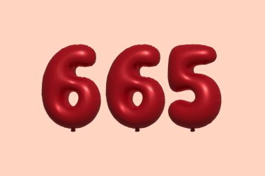3D gerçekçi metalik hava balonundan yapılmış 665 numara balon. Satılık parti dekorasyonu için 3 boyutlu kırmızı helyum balonları, kutlama yıldönümü, düğün tatili. Vektör illüstrasyonu