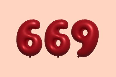 3D gerçekçi metalik hava balonundan yapılmış 669 numara balon. Satılık parti dekorasyonu için 3 boyutlu kırmızı helyum balonları, kutlama yıldönümü, düğün tatili. Vektör illüstrasyonu