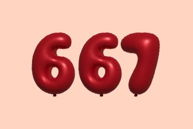 3D gerçekçi metalik hava balonundan yapılmış 667 numara balon. Satılık parti dekorasyonu için 3 boyutlu kırmızı helyum balonları, kutlama yıldönümü, düğün tatili. Vektör illüstrasyonu