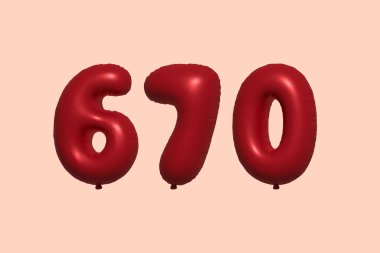 3D gerçekçi metalik hava balonundan yapılmış 670 numara balon. Satılık parti dekorasyonu için 3 boyutlu kırmızı helyum balonları, kutlama yıldönümü, düğün tatili. Vektör illüstrasyonu