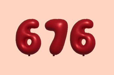 3D gerçekçi metalik hava balonundan yapılmış 676 numara balon. Satılık parti dekorasyonu için 3 boyutlu kırmızı helyum balonları, kutlama yıldönümü, düğün tatili. Vektör illüstrasyonu