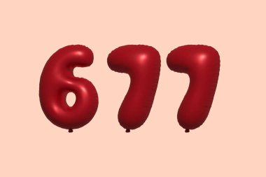 3D gerçekçi metalik hava balonundan yapılmış 677 numara balon. Satılık parti dekorasyonu için 3 boyutlu kırmızı helyum balonları, kutlama yıldönümü, düğün tatili. Vektör illüstrasyonu