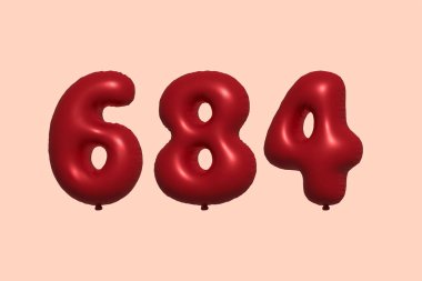 3D gerçekçi metalik hava balonundan yapılmış 684 numara balon. Satılık parti dekorasyonu için 3 boyutlu kırmızı helyum balonları, kutlama yıldönümü, düğün tatili. Vektör illüstrasyonu