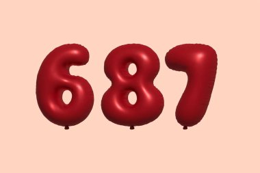 3D gerçekçi metalik hava balonundan yapılmış 687 3D numaralı balon. Satılık parti dekorasyonu için 3 boyutlu kırmızı helyum balonları, kutlama yıldönümü, düğün tatili. Vektör illüstrasyonu