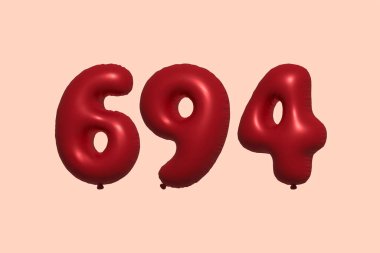3D gerçekçi metalik hava balonundan yapılmış 694 numara balon. Satılık parti dekorasyonu için 3 boyutlu kırmızı helyum balonları, kutlama yıldönümü, düğün tatili. Vektör illüstrasyonu