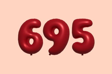 3D gerçekçi metalik hava balonundan yapılmış 695 numara balon. Satılık parti dekorasyonu için 3 boyutlu kırmızı helyum balonları, kutlama yıldönümü, düğün tatili. Vektör illüstrasyonu