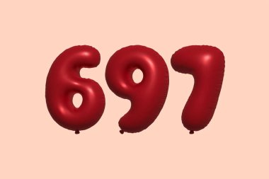 3D gerçekçi metalik hava balonundan yapılmış 697 numara balon. Satılık parti dekorasyonu için 3 boyutlu kırmızı helyum balonları, kutlama yıldönümü, düğün tatili. Vektör illüstrasyonu
