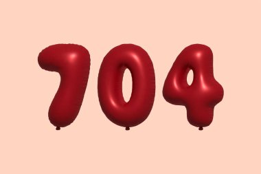 704 numara 3D balon gerçekçi metalik hava balonu 3D görüntüleme. Satılık parti dekorasyonu için 3 boyutlu kırmızı helyum balonları, kutlama yıldönümü, düğün tatili. Vektör illüstrasyonu