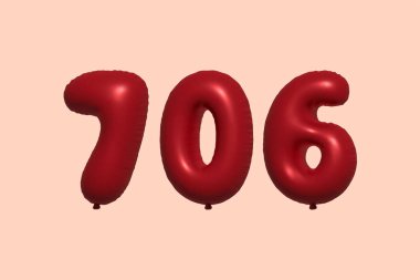 706 3D numaralı balon gerçekçi metalik hava balonu 3D görüntüleme. Satılık parti dekorasyonu için 3 boyutlu kırmızı helyum balonları, kutlama yıldönümü, düğün tatili. Vektör illüstrasyonu