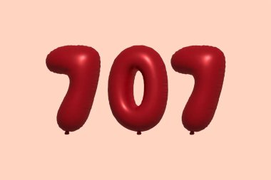 707 3d numaralı balon gerçekçi metalik hava balonu 3D görüntüleme. Satılık parti dekorasyonu için 3 boyutlu kırmızı helyum balonları, kutlama yıldönümü, düğün tatili. Vektör illüstrasyonu