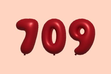 709 numara 3D balon gerçekçi metalik hava balonu 3D görüntüleme. Satılık parti dekorasyonu için 3 boyutlu kırmızı helyum balonları, kutlama yıldönümü, düğün tatili. Vektör illüstrasyonu
