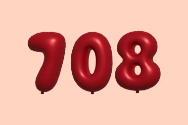 708 3d numaralı balon gerçekçi metalik hava balonu 3D görüntüleme. Satılık parti dekorasyonu için 3 boyutlu kırmızı helyum balonları, kutlama yıldönümü, düğün tatili. Vektör illüstrasyonu